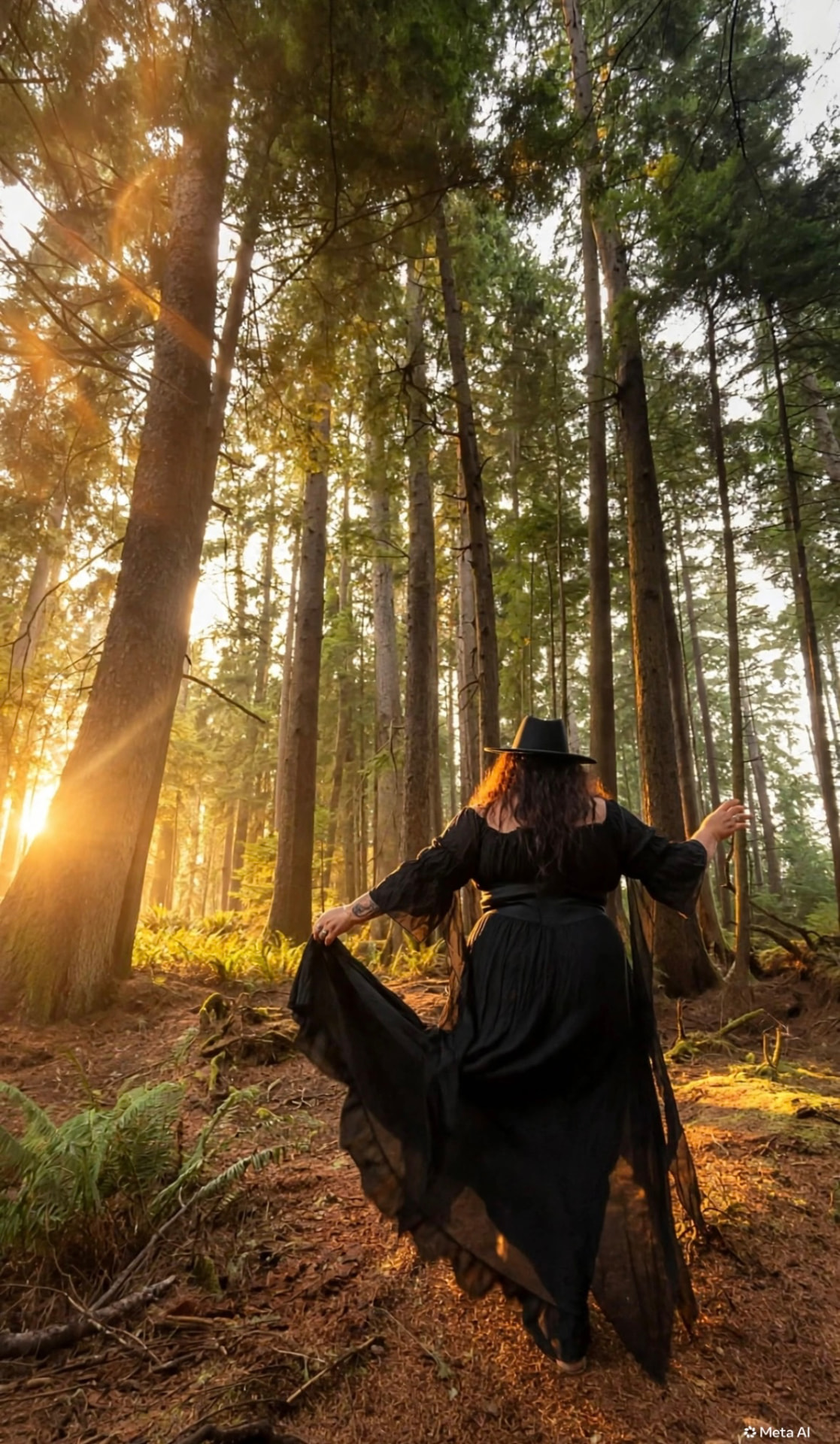 A woman twirling her black dress in the forest light
